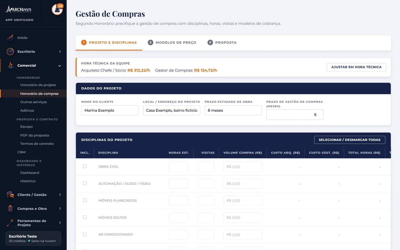 Tela de cálculo do honorário de gestão de compras