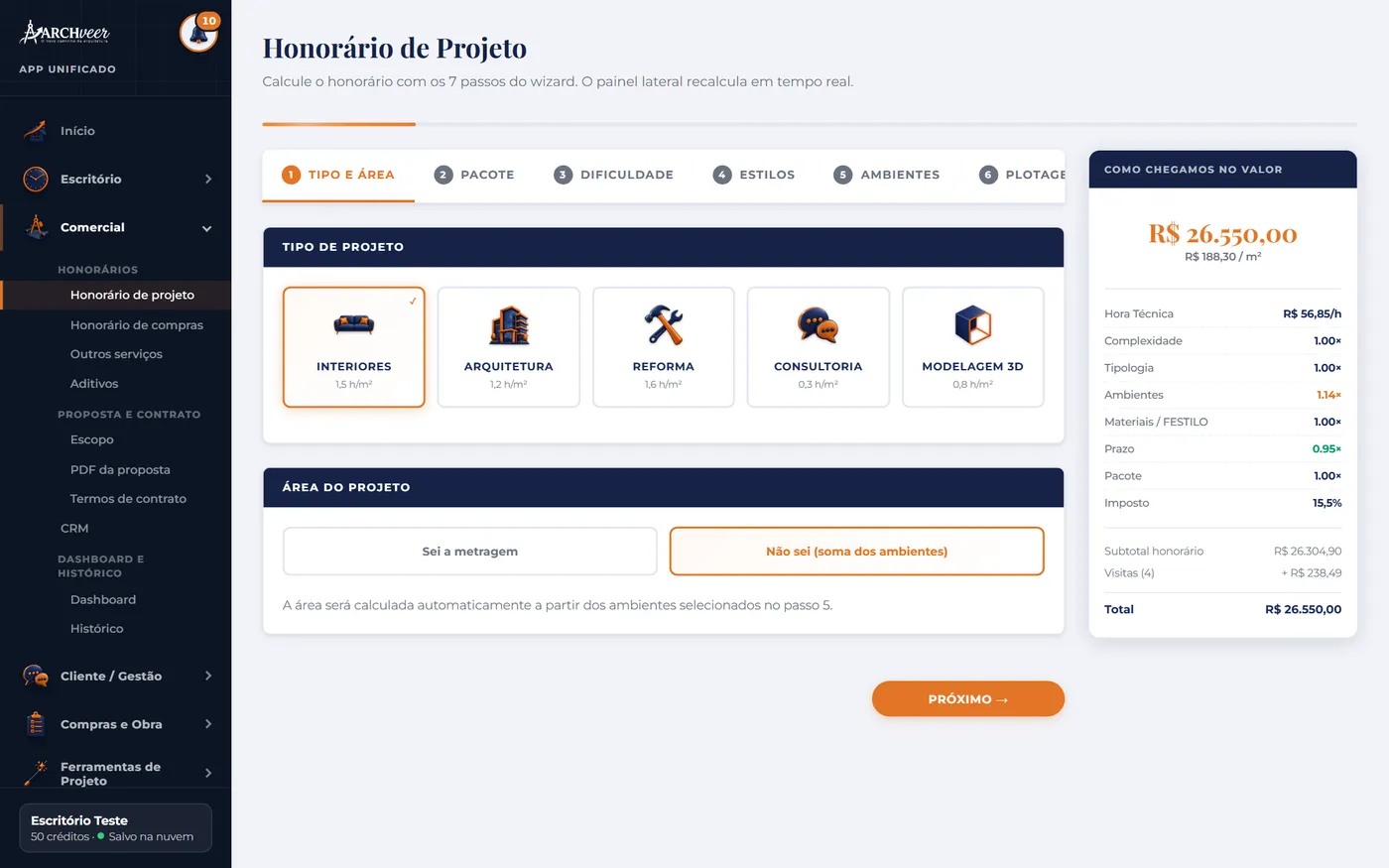Tela de cálculo do honorário de projeto