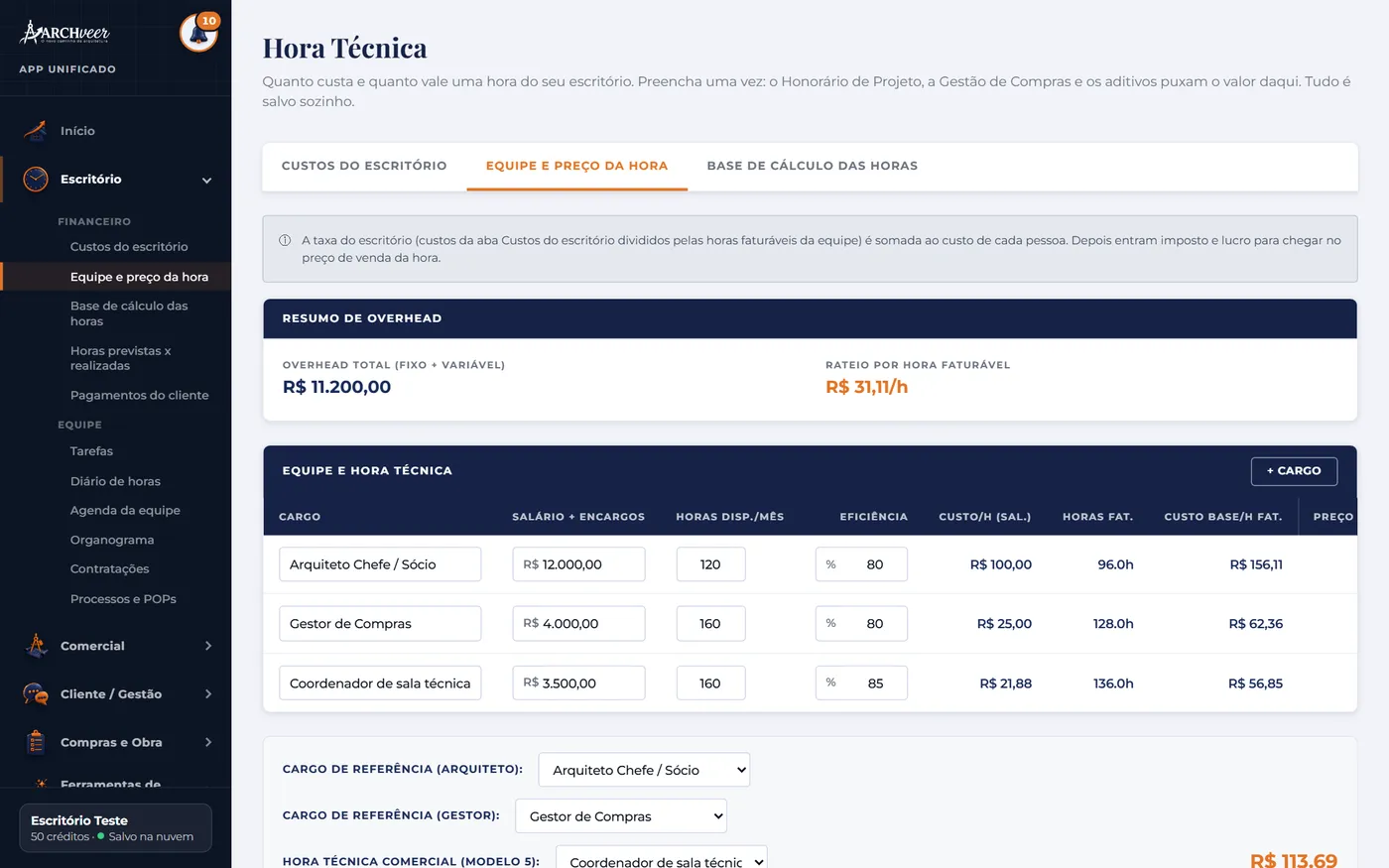 Tela de cálculo da hora técnica no App Archveer