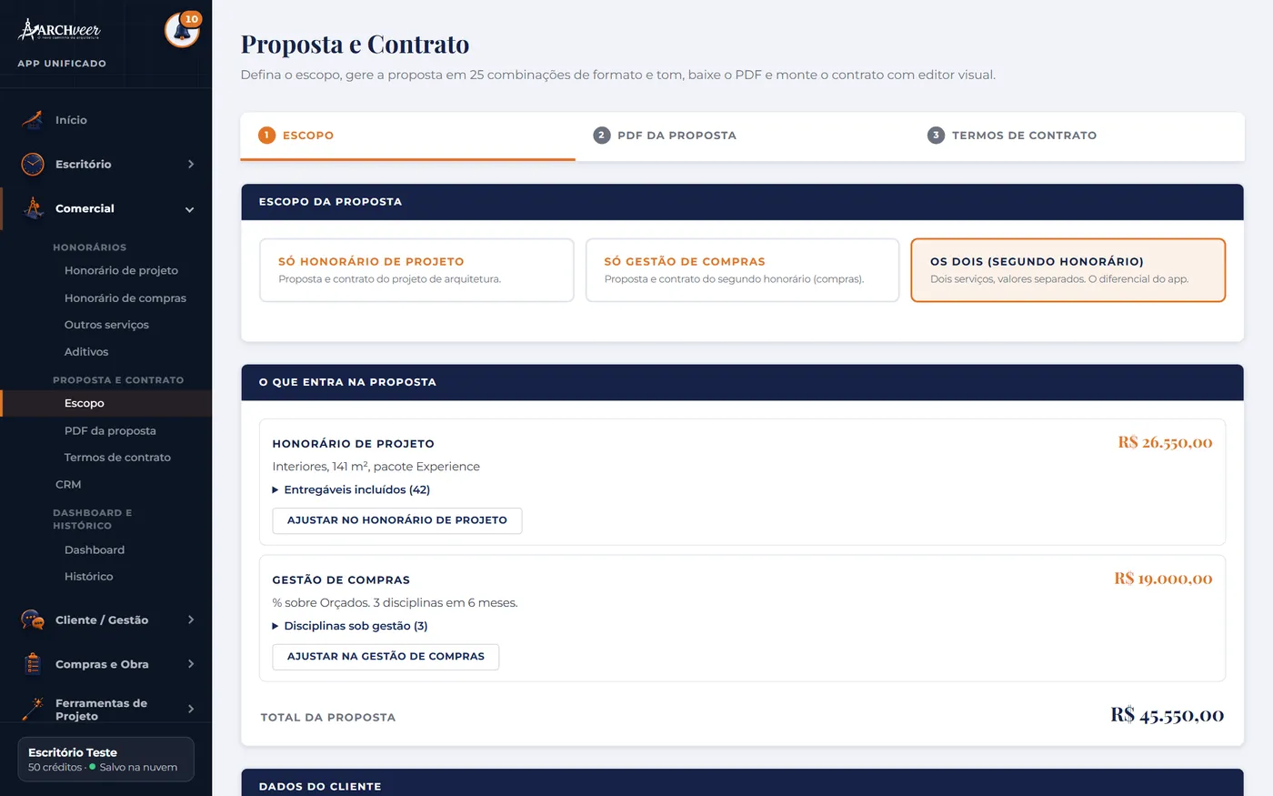 Painel de apresentação do valor ao cliente